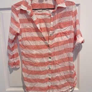 New York & Company Salmon/Pink and White Striped Button Down Shirt